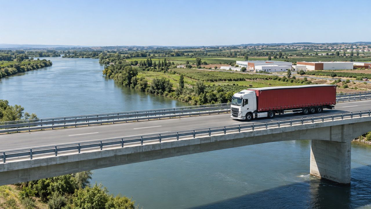 Camión cruzando un puente junto a la frontera con Portugal